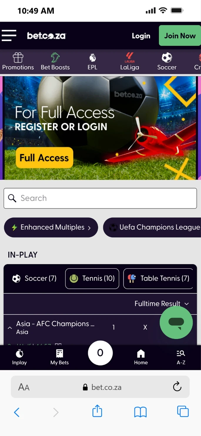 Bet.co.za mobile website screenshot