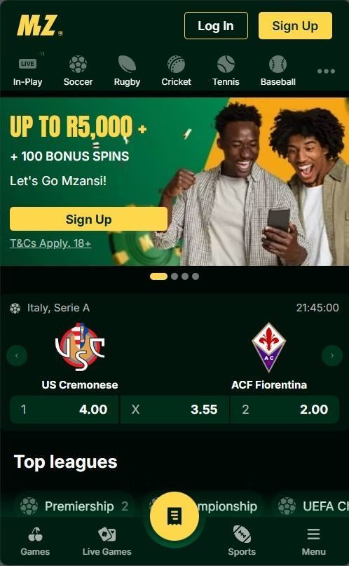 Mzansibet mobile view